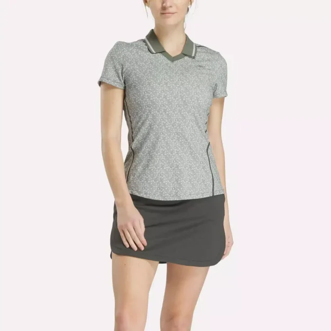 Women’s Cap Sleeve Johnny Collar Micro Floral Polo Shirt Women’s Cap Sleeve Johnny Collar Micro Floral Polo Shirt